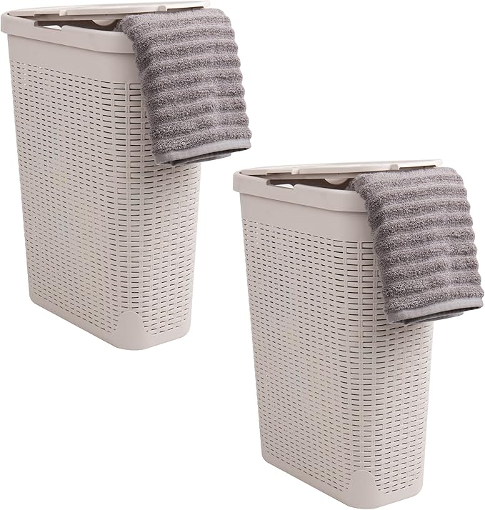 Mind Reader Slim Laundry Hamper with Lid, 40L Clothes Basket, Premium Wicker Design, Plastic, Set of 2, Ivory