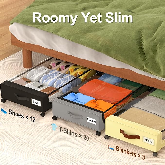 GoMaihe Under Bed Storage with Wheels: 48L Underbed Storage Containers with Lids - Rolling Bins for Shoes Clothes in Dorm Bedroom - Metal Drawers Easy Pull-out Beige 2-Pack