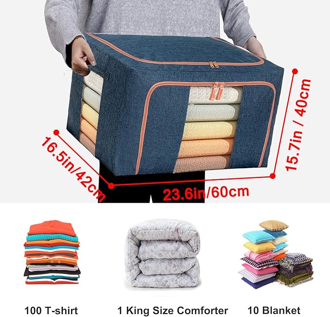 Large Capacity Clothes Storage Bags,Stackable Storage Organizer with Foldable Metal Frame, Zipper, Handles, Clear Window, Navy, 3 Pack)