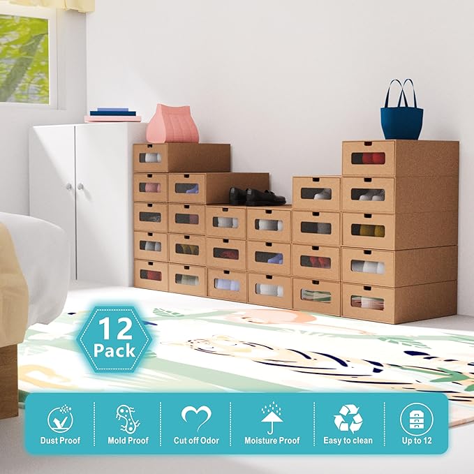 12 Pack Shoe Storage Bins Big Size(13.8'' x 9.6'' x 5.7''),Waterproof Storage Boxes,Shoe Containers For Sneaker Display,Hat Organizer,Stack-able Cardboard Boxes,with Marking Labels,Transparent Window
