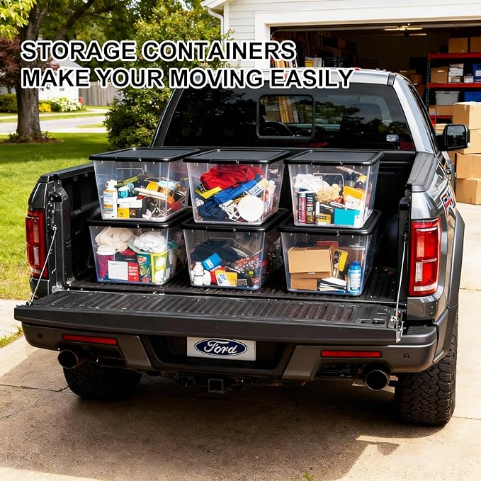 Storage Totes with Lids - Made in USA 14.5-Gallon (58-Quart) 4-Pack Clear Plastic Storage Bins with Black Lids Storage Containers Large Storage Boxes Organizer for Home, Office, and Garage