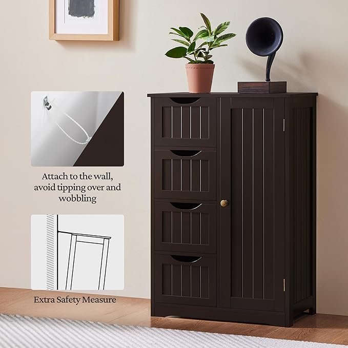 Yaheetech Wooden Bathroom Floor Cabinet, Side Storage Organizer Cabinet with 4 Drawers and 1 Cupboard, Freestanding Entryway Storage Unit Console Table, Home Decor Furniture, Brown