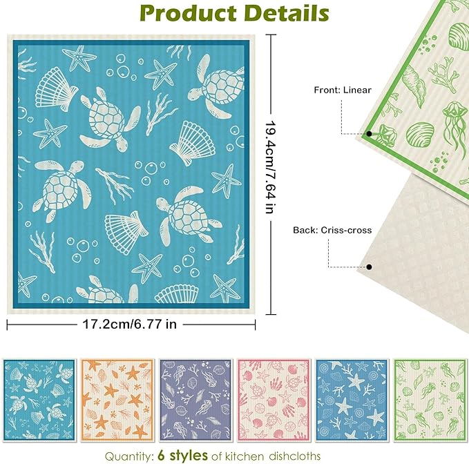 6 Packs Swedish Paper Cloths for Kitchen, Reusable Paper Towels Washable Dish Rags, Highly Absorbent Kitchen Towels Quick Drying Swedish Sponge Cleaning Dish Cloths (Ocean Series)