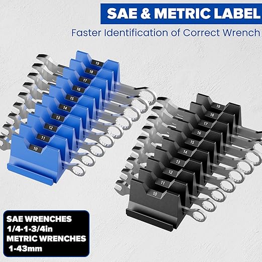 40PCS Modular Wrench Organizer - Wrench Tool Organizers for Tool Drawer Storage, Wrench Storage Set with Metric & SAE Label, Wrenches Rack Tool Gift for Professional Mechanics Men, Black & Blue