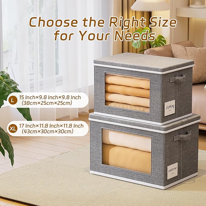 4-Pack Storage Bins with Lids, Fabric Collapsible Closet Storage Bins with Clear Window Large Storage Boxes with Handles Closet Organizers for Shelves, Wardrobe, Grey, 15"×9.8"×9.8"