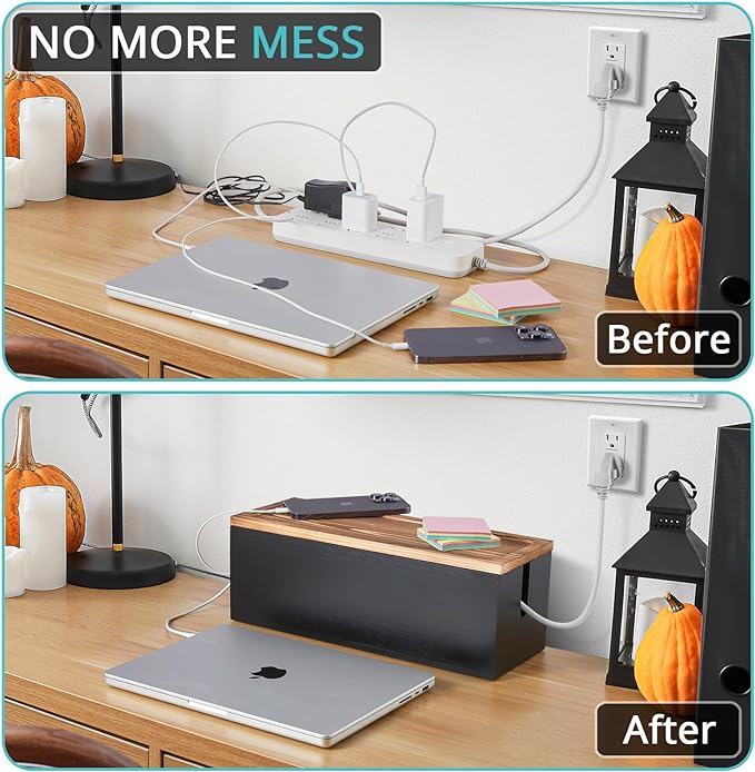 Bivvclaz Large Cable Management Box, Wooden Cord Organizer Box for Desk, Floor, Office to Hide Extension Cords Power Stripes Surge Protectors Chargers Wires, Black