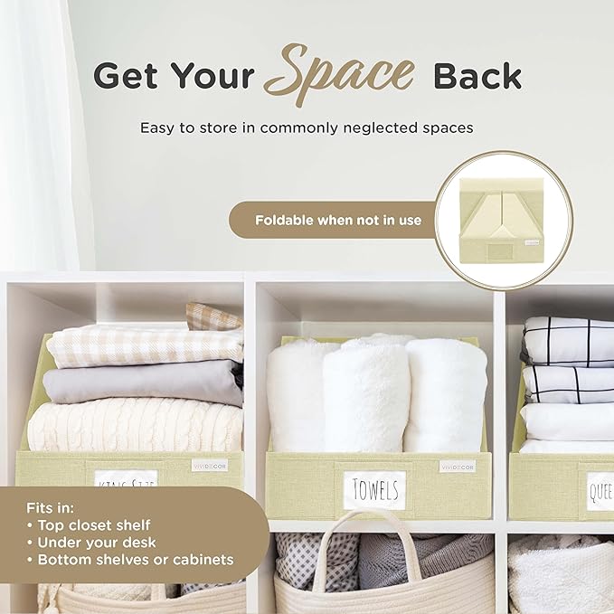 VIVIDECOR Trapezoid Closet Bins for Shelves – 12x12x10 Fabric Storage Baskets, Collapsible Organizer Boxes for Linen, Baby Clothes, Seasonal Storage – Light Beige, 3 Pack