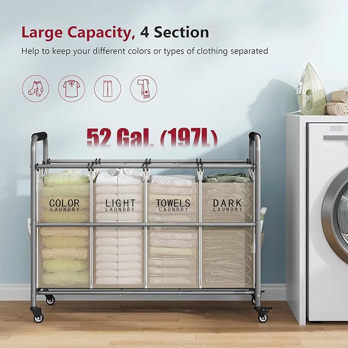 Tajsoon 4 Bag Laundry Sorter Cart, 4 Section Laundry Hamper Sorter with Heavy Duty Lockable Rolling Wheels, Laundry Separator Hamper with Removable Bags for Dirty Clothes Storage, Beige