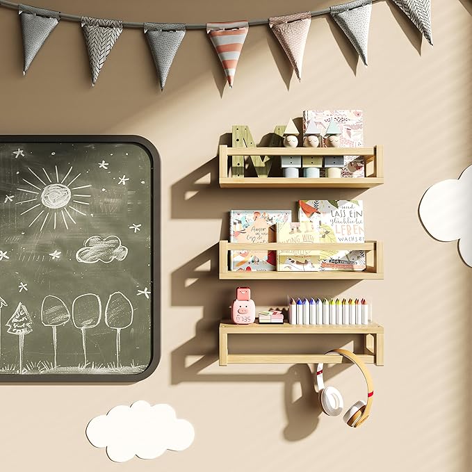 Upgraded Thick Floating Shelves - Multi-Use Wall-Mounted Bookshelves for Kids and Nursery, Ideal for Books, Toys, Spice Rack, Decor - NaturalWood