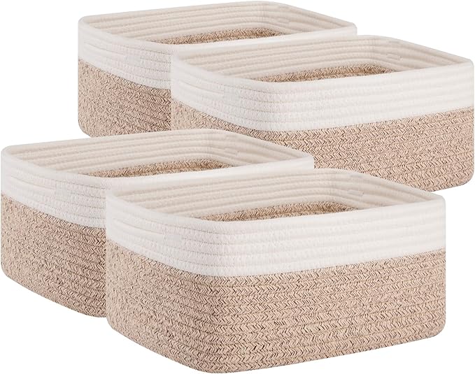 OIAHOMY 4 Pack Storage Baskets for Organizing, Small Bins for Shelves, Cute Decorative Storage Bins, Organizer Baskets for Gifts Empty,13''Lx8.7''Wx5.1''H, Brown/White