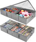 2-Pack Under Bed Toy Storage Boxes, Grey Toy Organizer with Clear PVC Lid, Foldable Under Couch Storage Bins (31.8×16×5.9in), Toys Storage Containers for Plush Dolls, Books, Clothes, Shoes & Blankets