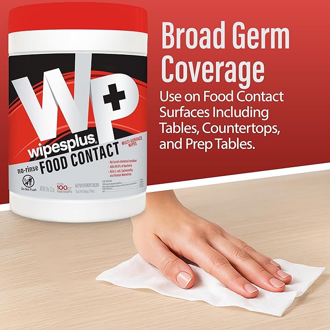 WIPESPLUS No-Rinse Food Contact Wipes Canister Multi-Surface Wipes, Unscented for Home and Business, 600, (6 Packs of 100)