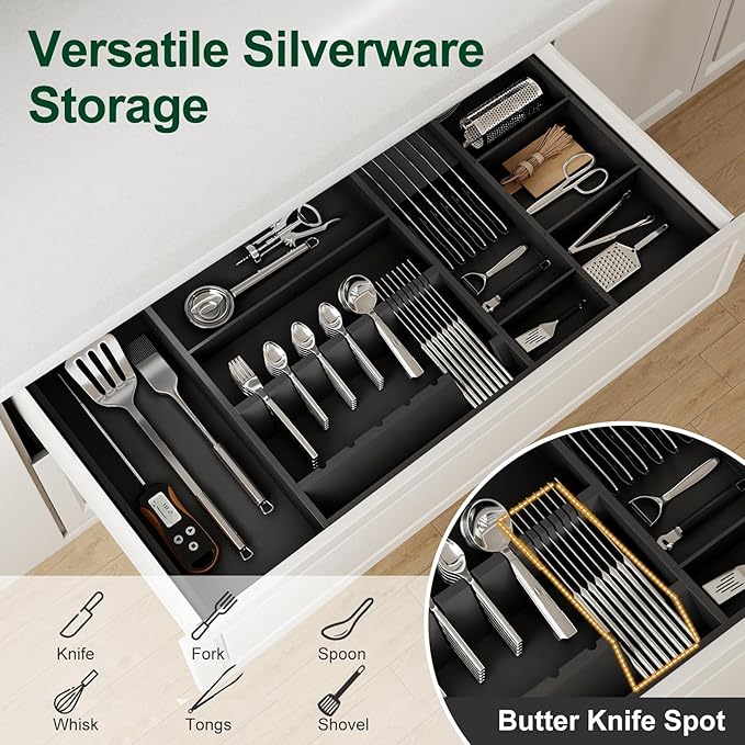 Bamboo Silverware Drawer Organizer, 17.7-29.5 Inch Expandable Large Kitchen Drawer Organizer, 5-8 Slot Flatware with Removable Card Slots & Knife Block for Spoon Butter Knive, Black
