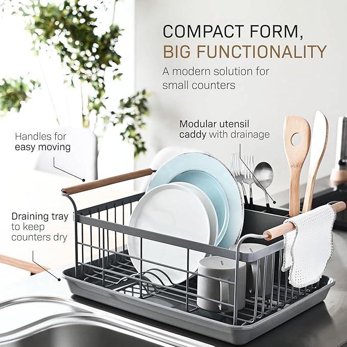 Yamazaki Home Sink Removeable Drainer Tray, Kitchen Drying Organizer Holder, One Size, White Steel + Wood | Dish Rack, Gray