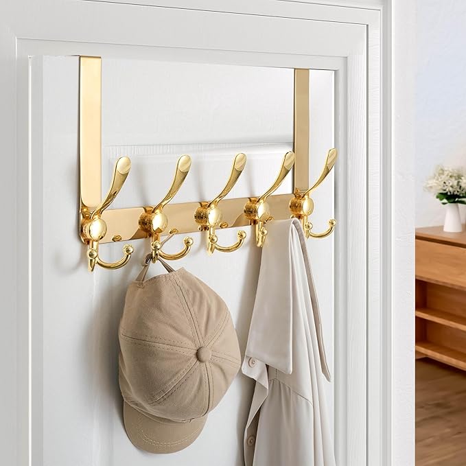 Dseap Over Door Hook 2.0 - Upgraded Version - Simple-Assembly, Strong, Heavy-Duty Stainless Steel 5-Tri-Hook Over The Door Hanger Rack, SimpleStrong Series, Gold, Pack of 2