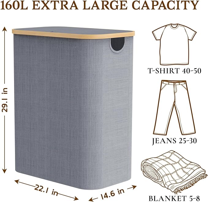 160L Foldable Laundry Baskest with Lid, 3 Section Extra-large Laundry Hamper with Removable Bags and Bamboo Handles for Bathroom, Bedroom & Laundry Room, Grey