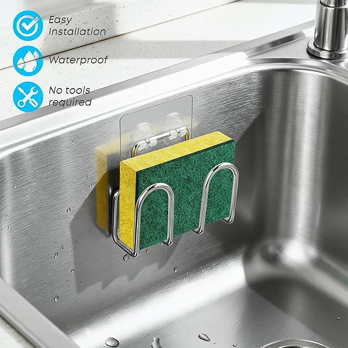 KESOL Kitchen Sponge Holder | Sink Caddy for Sponges, Scrubbers, Soap. No Drilling, Adhesive, Rustproof SUS304 Stainless Steel, Compact Kitchen Sink Accessories