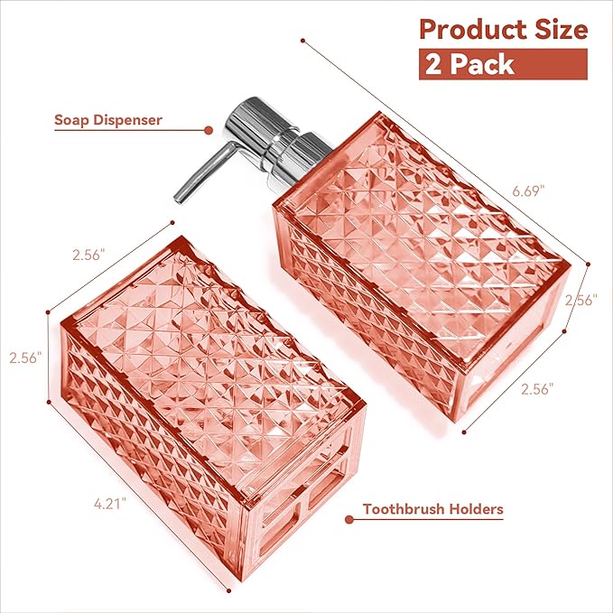 2PCS Light Pink Bathroom Accessories. Contain Soap Dispenser and Toothbrush Holder Set. Boho Bathroom Set for Blue Bathroom Décor