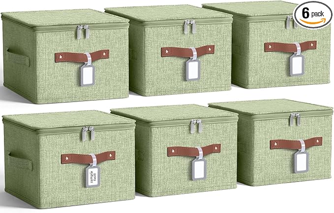 Fiwochic 6 Pack Fabric Storage Bins with Lids, 10x8x7Inch Foldable Cotton Linen Storage Boxes with PU Leather Handles and Label Holders for Closet, Bedroom, Shelf, Nursery, Green