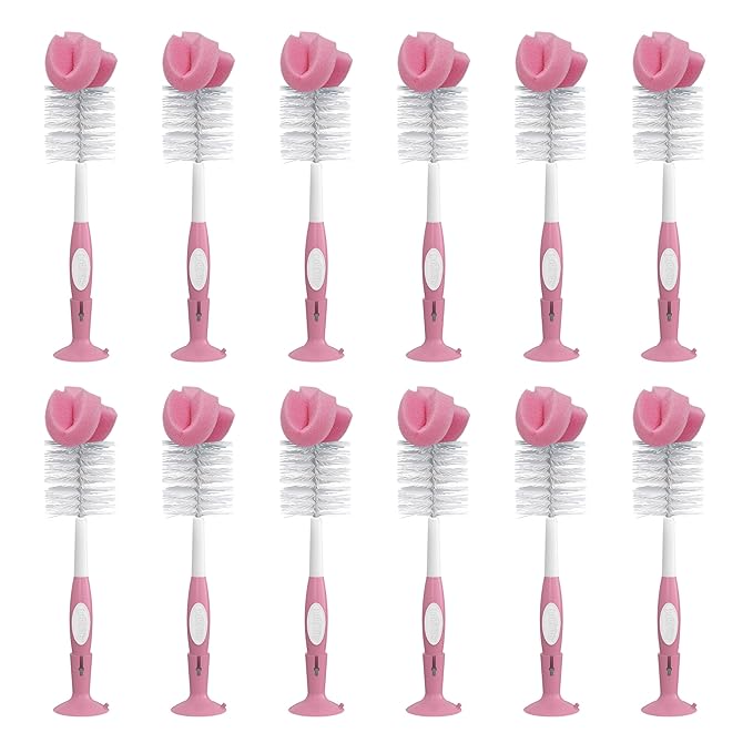 Dr. Brown's Reusable Sponge Baby Bottle Cleaning Brush with Suction Cup Stand and Nipple Cleaner, BPA-Free, Pink, 12-Pack