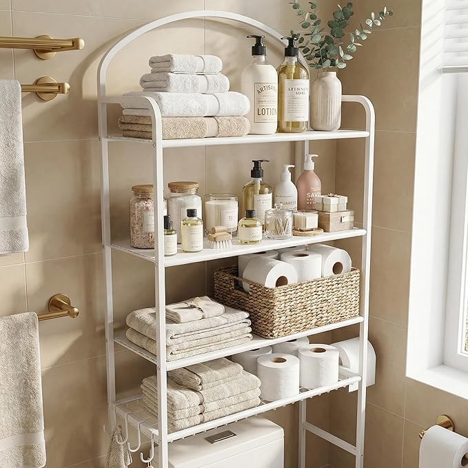 4-Tier Over The Toilet Storage, Bathroom Organizer, Space-Saving, Above Toilet Storage Rack with 4 Hooks and Paper Holder, Metal Shelf, White