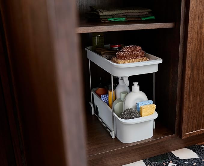 Joseph Joseph CupboardStore 2-Tier Easy-Access Wheeled Storage Caddy – Under-Sink Kitchen Organizer, Made from Recycled Plastic