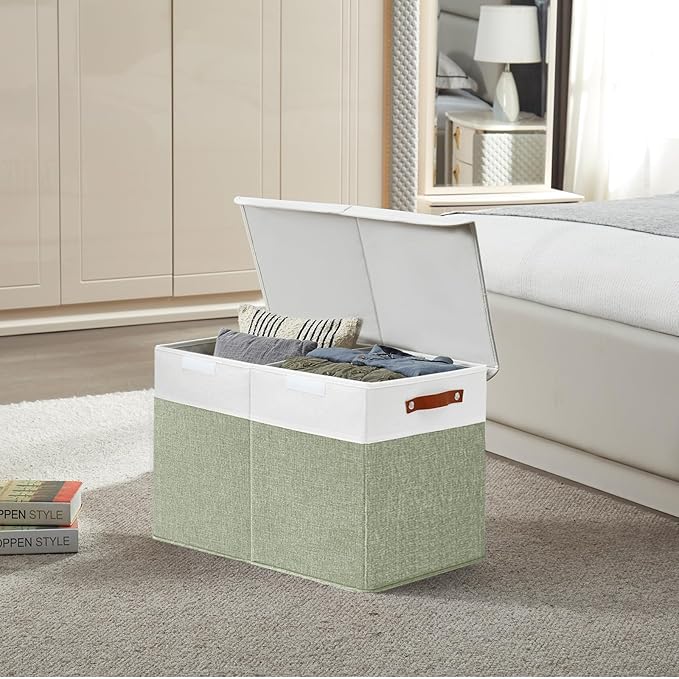 Large Toy Storage Box with Lids, Collapsible Sturdy Baby Storage Organizer Chest Bin Basket for Kids, Boys, Girls, Playroom, Nursery, Bedroom, Closet 25"x13"x16" (Green and White)