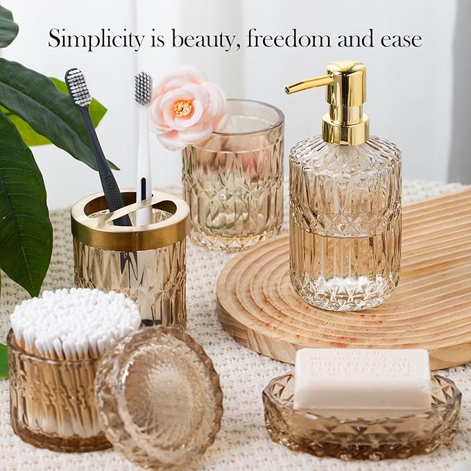 Bathroom Accessory Set 5 Pcs, Glass Bathroom Set Include Soap Dish, Toothbrush Holder, Mousewash Cup, Soap Dispenser, Cotton Swab Jar, Amber