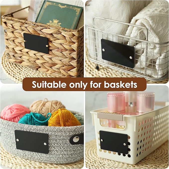 Temlum 18 Pcs Acrylic Basket Labels, Storage Tags with Chalk Marker Removable Label for Wire, Wicker, Woven Baskets & Pantry Storage (Rectangle, Black)