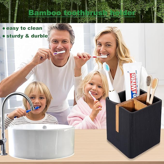 rejomiik Toothbrush Holders for Bathrooms Countertop, 3 Slots Electric Tooth Brushing and Toothpaste Storage Organizer Stand for Toiletries and Beauty Accessories, Black