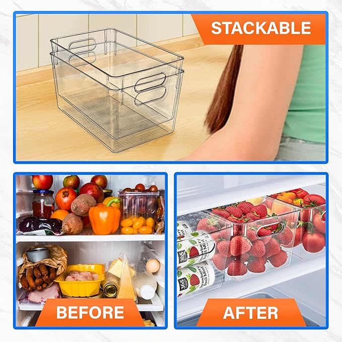Lifemaster Multi-purpose Refrigerator Bins - 2 pieces Large Capacity Stackable Fridge Bin Organizer with Easy Grip Handles - Clear