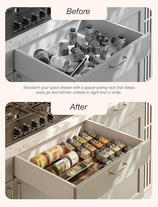 Tinamo Acacia Wooden Spice Rack Organizer for Cabinet - Spice Drawer Insert, Spice Organization for Cabinet, Seasoning Organizer, Spice Holder Pack of 8 (Walnut, Pack 8)