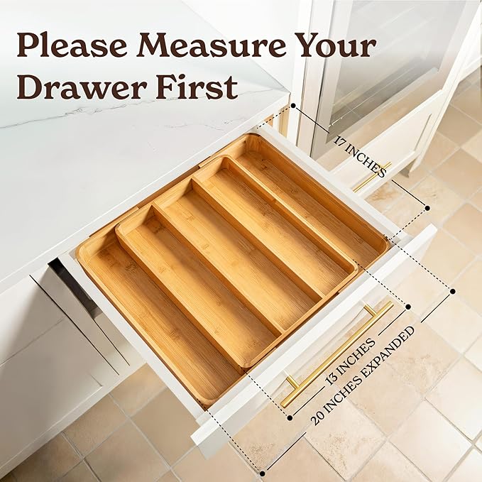 SMIRLY Silverware Drawer Organizer – Bamboo Kitchen Drawer Organizer, Adjustable Utensil Holder and Cutlery Tray, Drawer Dividers for Flatware and Kitchen Utensils