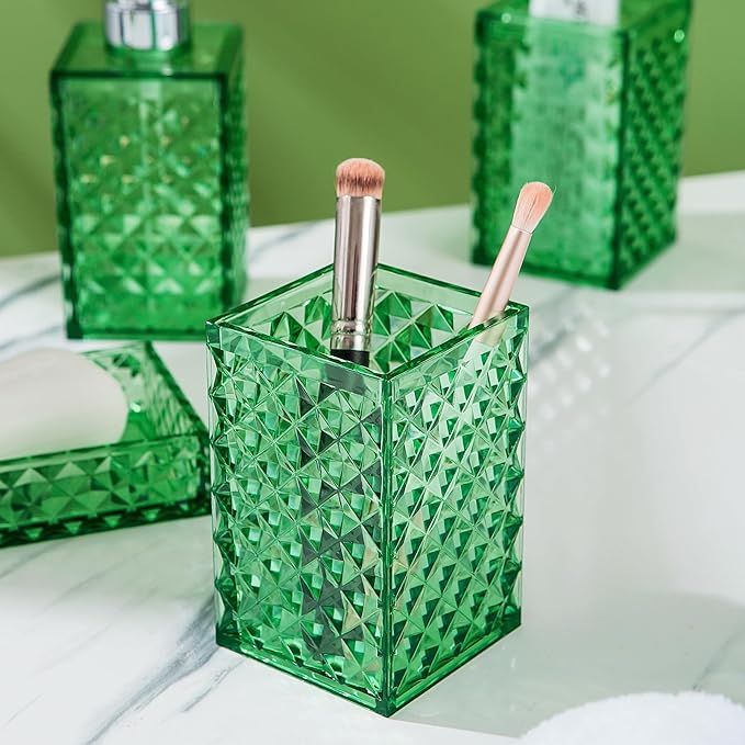 Bathroom Accessory Set, 4 PCS Green Bathroom Accessories Sets, Diamond Pattern Bathroom Soap Dispenser and Toothbrush Holder Sets Accessories Contain Soap Dish Tumbler, Boho Bathroom Décor