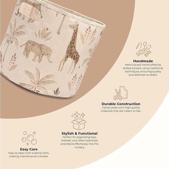 Crane Baby Safari Animal Nursery Storage Basket, Collapsible Fabric Toy Bin, Jungle Themed Organizer for Playroom, Gender Neutral Decor Safari Animal 13 x 12 Inches