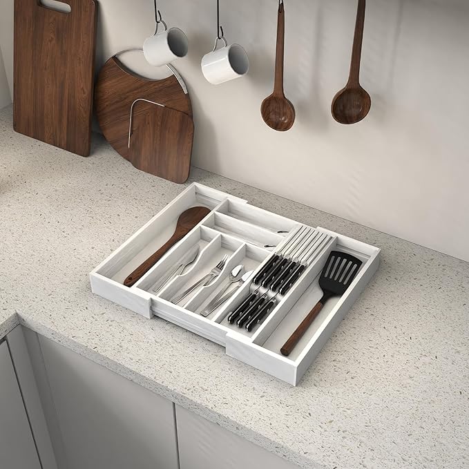 Bamboo Kitchen Drawer Organizer, Expandable Silverware Organizer with Removable Knife Block, 6-8 Slots- Utensil Holder & Cutlery Tray Drawer Dividers, 2.36" Deep for Extra Capacity, White