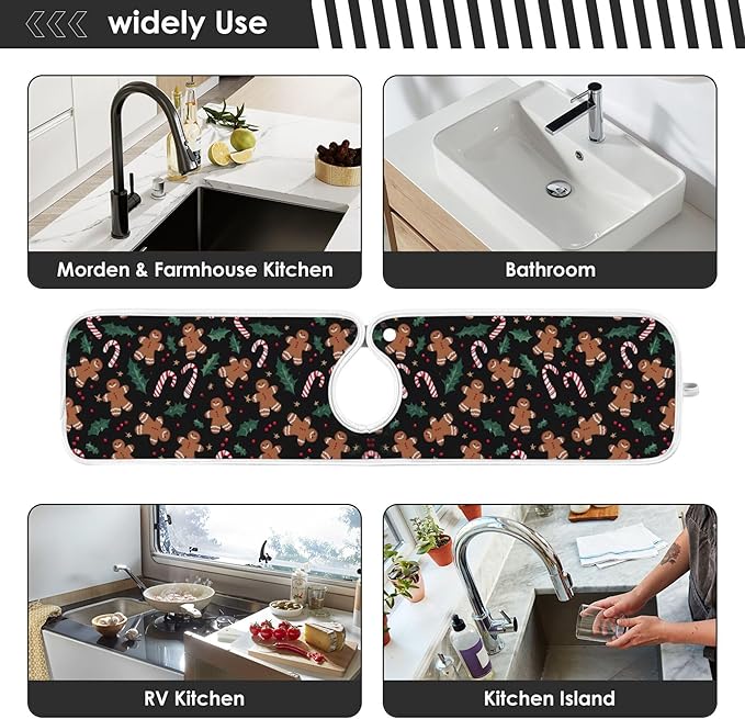 2 Pack Faucet Splash Catcher Gingerbread Candy Cane Sink Mat for Faucet Absorbent Kitchen Splash Guard Drip Catcher for Farmhouse Barthroom Bar, L