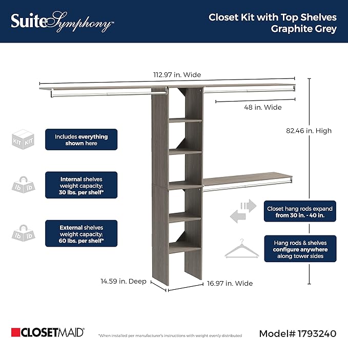 ClosetMaid SuiteSymphony Wood Closet Organizer Kit with Tower, 3 Hang Rods, Top Shelves, Adjustable, Fits Spaces 5-9 ft. Wide, Graphite Grey