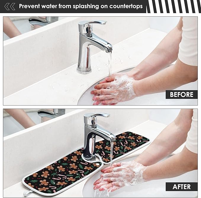 2 Pack Faucet Splash Catcher Gingerbread Candy Cane Sink Mat for Faucet Absorbent Kitchen Splash Guard Drip Catcher for Farmhouse Barthroom Bar, L