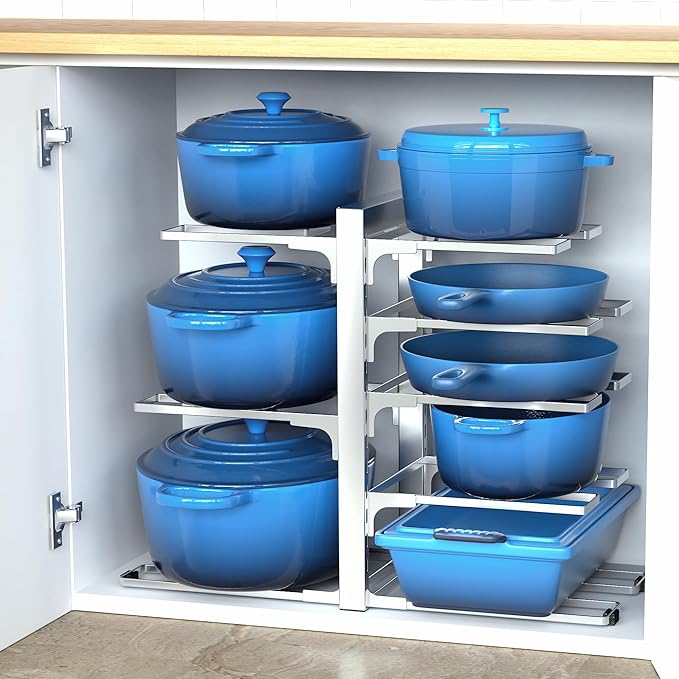 ORDORA 8-Tier Pots and Pans Organizer under Cabinet, Kitchen Cabinet Organizers and Storage, Heavy Duty 120LBS Pots and Pan Storage Rack Organizer inside Cabinet, Adjustable, Silver