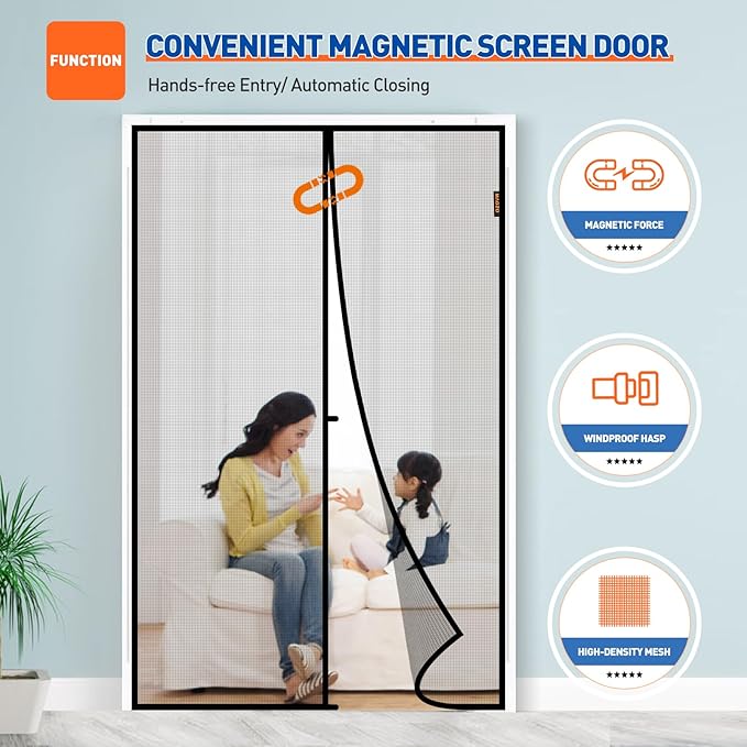 MAGZO Magnetic Screen Door Fit Door Size 42 x 83 Inch, Screen Size 44" x 84" Strong Magnet French Door Screen, Heavy Duty Fiberglass Door Mesh with Hook & Loop for Sliding Door, Gray