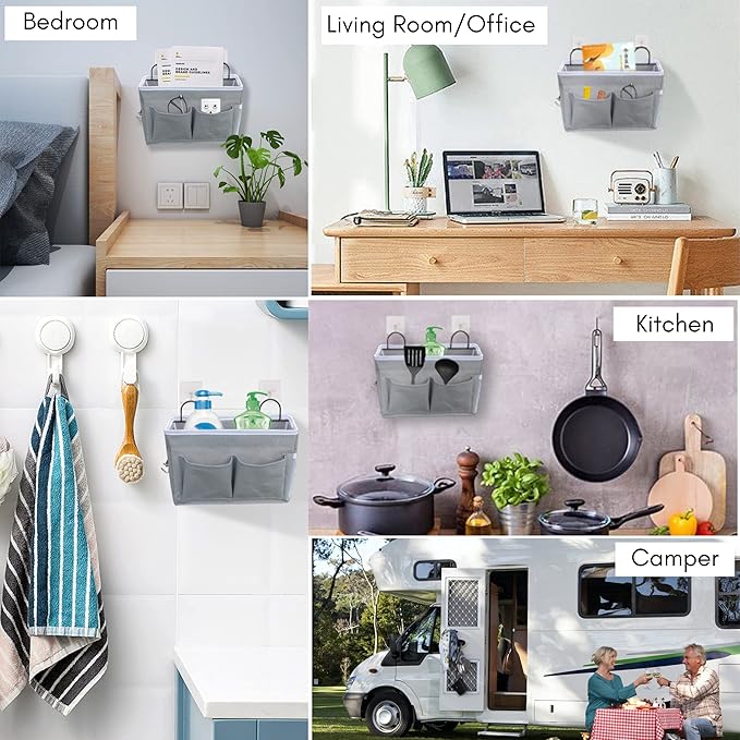 Kanrichu 3pcs Middle Wall Hanging Organizer Bag, Linen Fabric Door Hanging Storage Basket with Pockets, Waterproof Bin for Kitchen, Bedroom, Office, RV Camper (Gray)