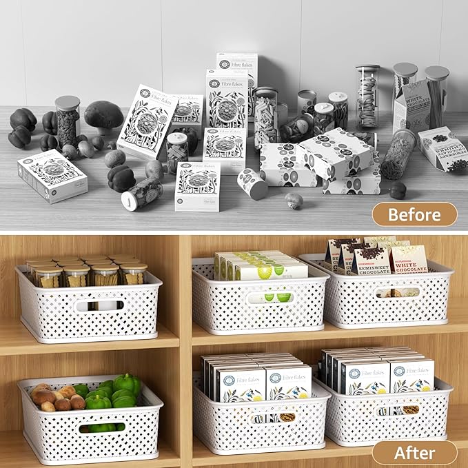 MaxGear Organization and Storage 3 Packs, Plastic Bins Organizer Bins, Woven Baskets for Storage, Plastic Baskets with Handles, White Basket for Organizing, Basket Organizer for Home and Office, Large