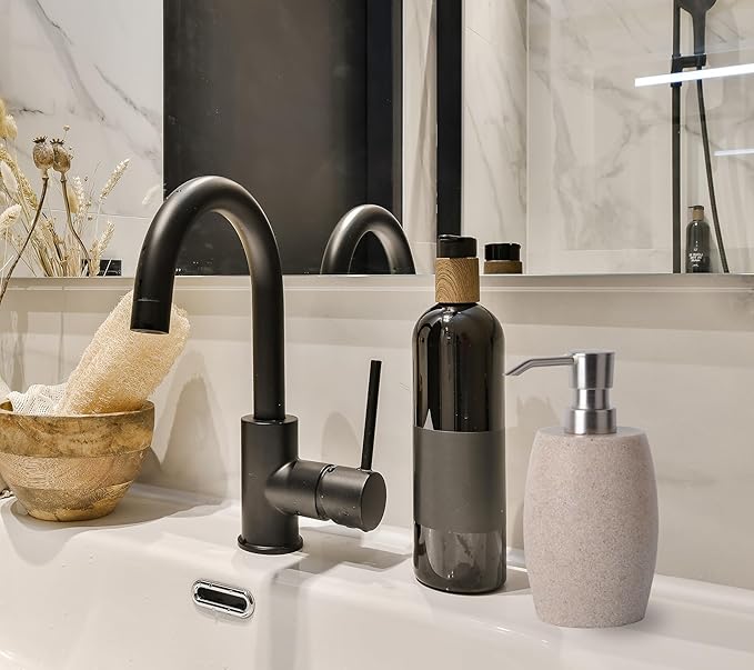 Sandstone Textured Resin Soap Dispenser with Metallic Pump and Waterproof Bottle Labels for Bathroom Kitchen Dish Hand Wash Shower Lotion Shampoo, 12 Oz, Beige