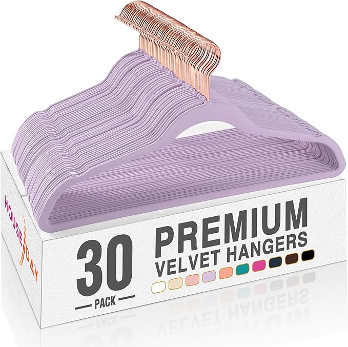 HOUSE DAY Velvet Hangers 30 Pack, Premium Non-Slip Felt Hangers, Sturdy Lt-Purple Clothes Hanger Heavy Duty, Space Saving Durable Suit Coat Hanger, 360° Rotating Rose Gold Hook