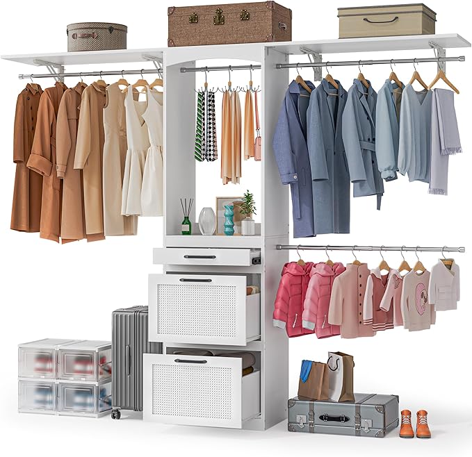 Walk in Closet Organizer System - with Drawers, 8FT Walk in Closets Organizer with Jewelry Box, 96” Wooden Storage Systems with 3 Hanging Pods, Built-in Garment Rack for Bedroom