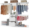 Walk in Closet Organizer System - with Drawers, 8FT Walk in Closets Organizer with Jewelry Box, 96” Wooden Storage Systems with 3 Hanging Pods, Built-in Garment Rack for Bedroom