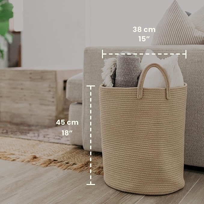 OrganiHaus Large Woven Laundry Basket w/Handles 52L, Rope Dirty Clothes Hamper, Blanket Basket for Living Room, Baby Laundry Hamper for Nursery, Soft & Durable Decorative Organizer Bin - Honey
