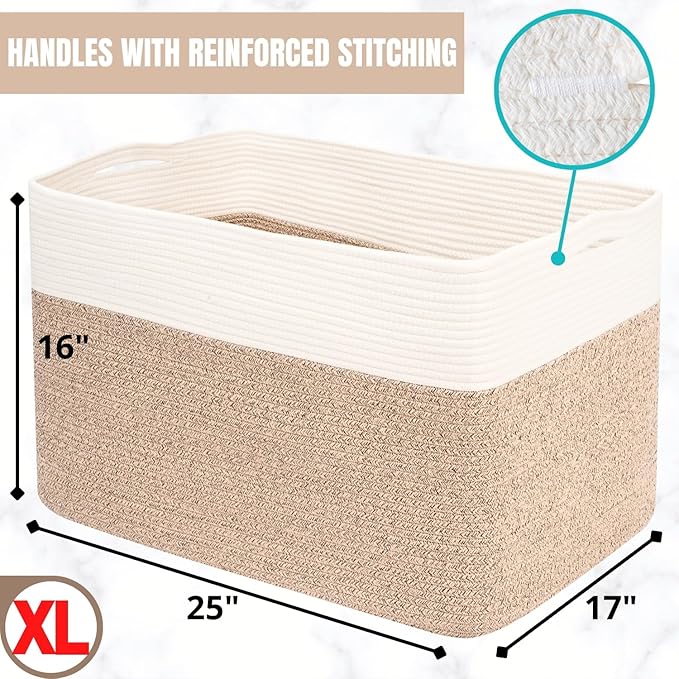 MINTWOOD Design 112L Extra Large Blanket Basket Holder Living Room, 25"x17"x16" Rectangle Rope Woven Storage Basket with Handles for Laundry, Pool Towels, Shoes, Dog Toy Organizer Bin Box, Light Brown
