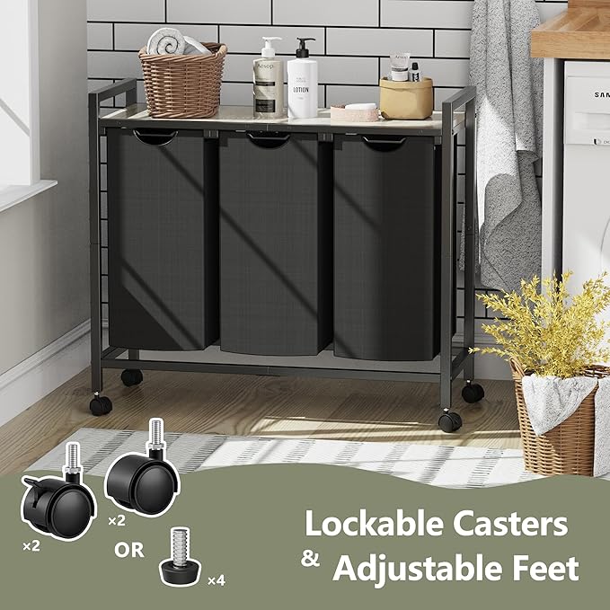 Laundry Hamper, Laundry Basket, Laundry Sorter with 2 Pull-Out and Removable Bags, Shelf, Laundry Room Storage with Table, for Bathroom, Bedroom, 3 x 10.5 Gal (40L), Greige